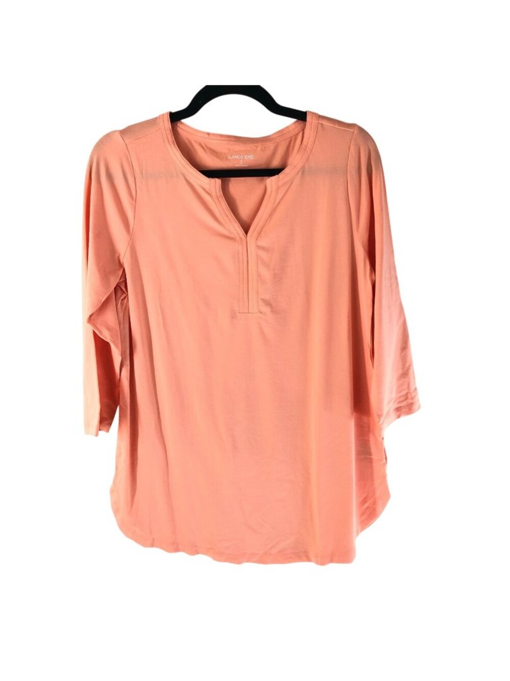 Lands End Womens Top Tunic 3/4 Sleeve Split Neck Knit Stretch Pink Orange S